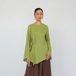 Lightweight long-sleeve top with a relaxed fit and soft front tie detail.