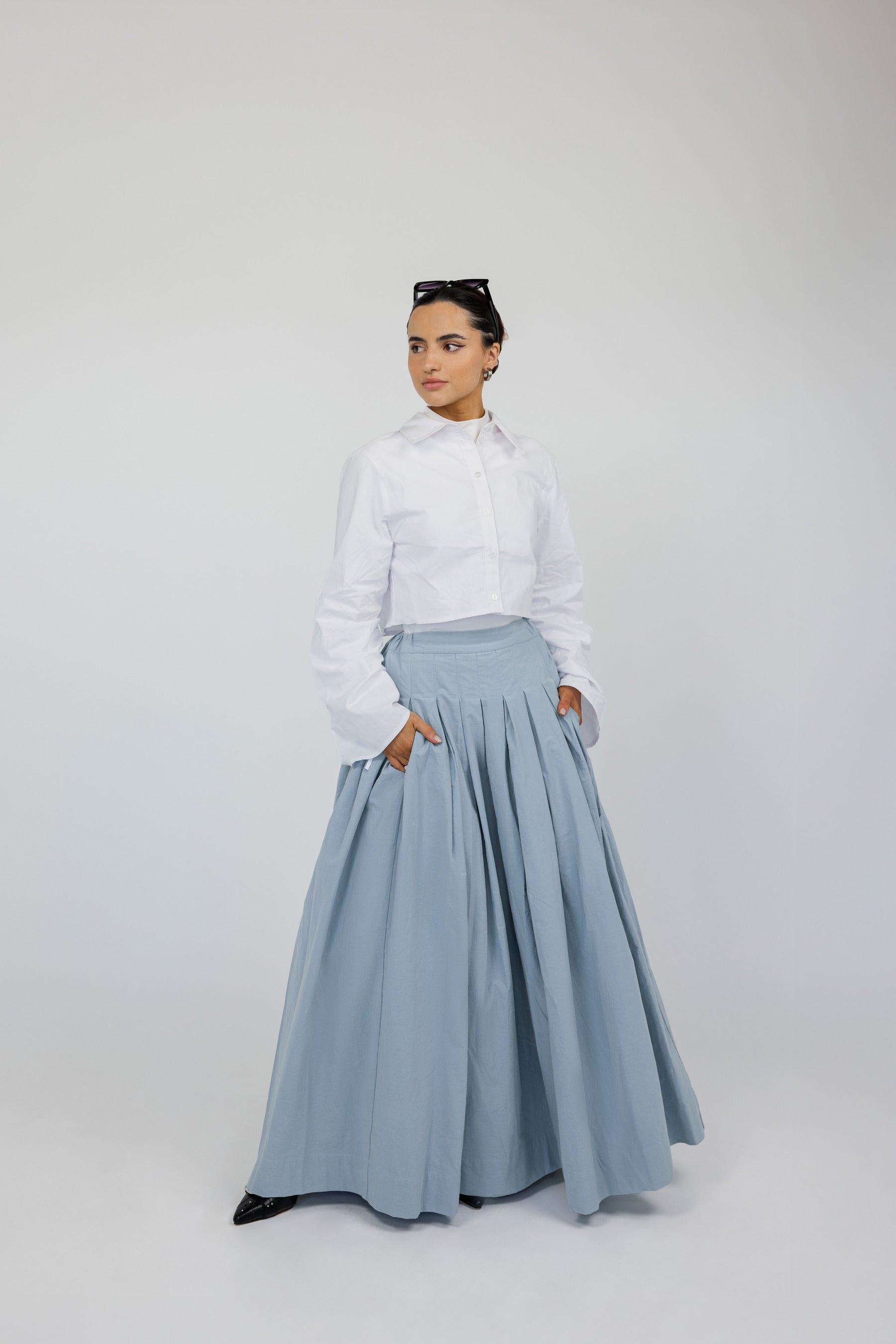 Blue Classic pleated skirt with a floaty feel and heavier weight for everyday elegance