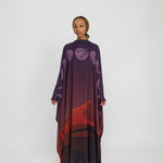 Sheer kaftan abaya with moon phase detailing, inspired by desert skies and lunar cycles