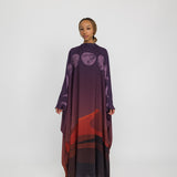 Sheer kaftan abaya with moon phase detailing, inspired by desert skies and lunar cycles