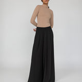 VELA wide-leg palazzo pants with soft drape and modest full-length fit.
