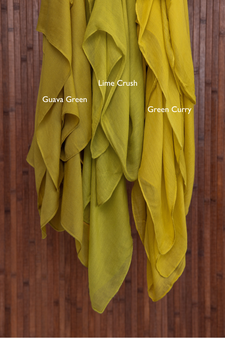 Color comparison of three green hijabs (from left to right): Guava Green, Lime Crush, and Green Curry.