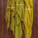 Color comparison of three green hijabs (from left to right): Guava Green, Lime Crush, and Green Curry.