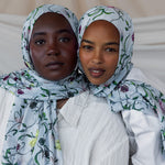 Floral hijab in baby blue, made from smooth modal fabric and perfect for a soft, pretty look.