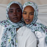 Floral hijab in baby blue, made from smooth modal fabric and perfect for a soft, pretty look.