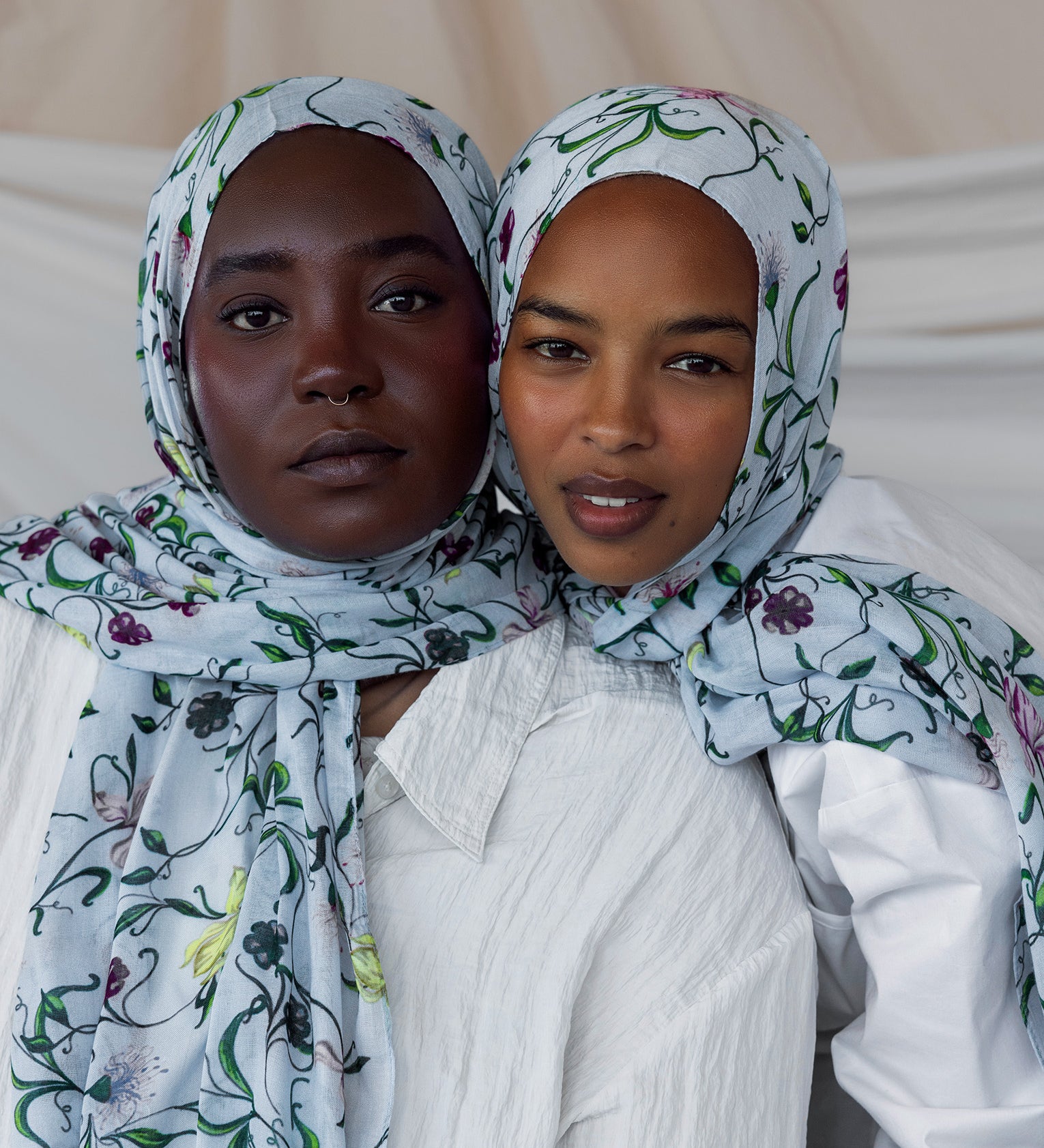 Floral hijab in baby blue, made from smooth modal fabric and perfect for a soft, pretty look.