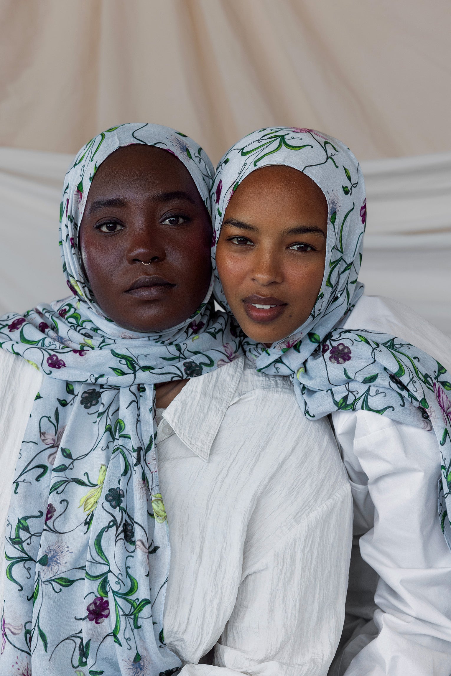 Floral hijab in baby blue, made from smooth modal fabric and perfect for a soft, pretty look.