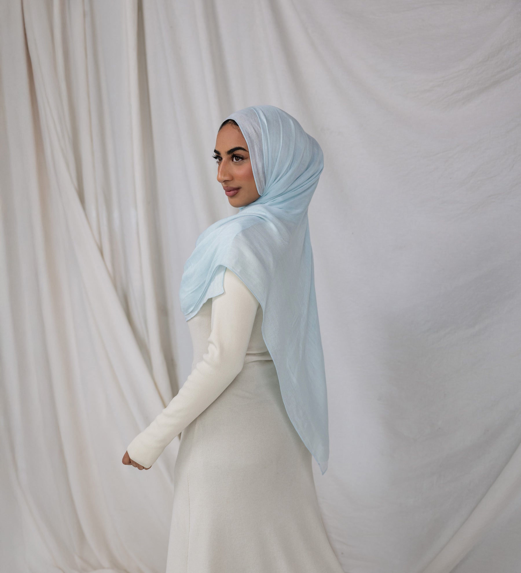 VELA Fuji Blue hijab in soft modal, featuring a pale, tranquil shade inspired by spring skies