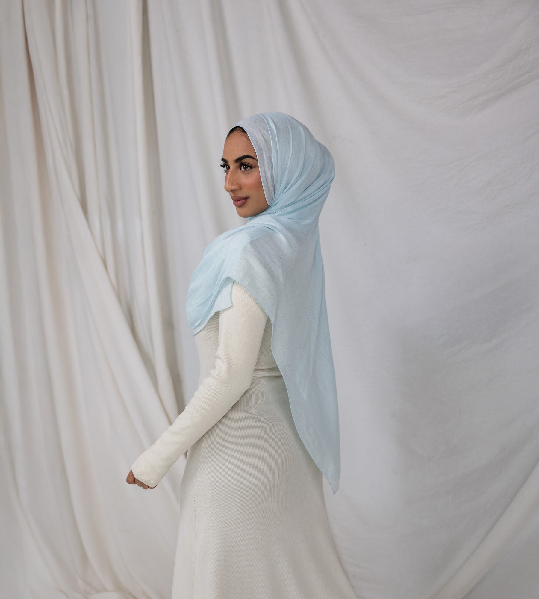 VELA Fuji Blue hijab in soft modal, featuring a pale, tranquil shade inspired by spring skies