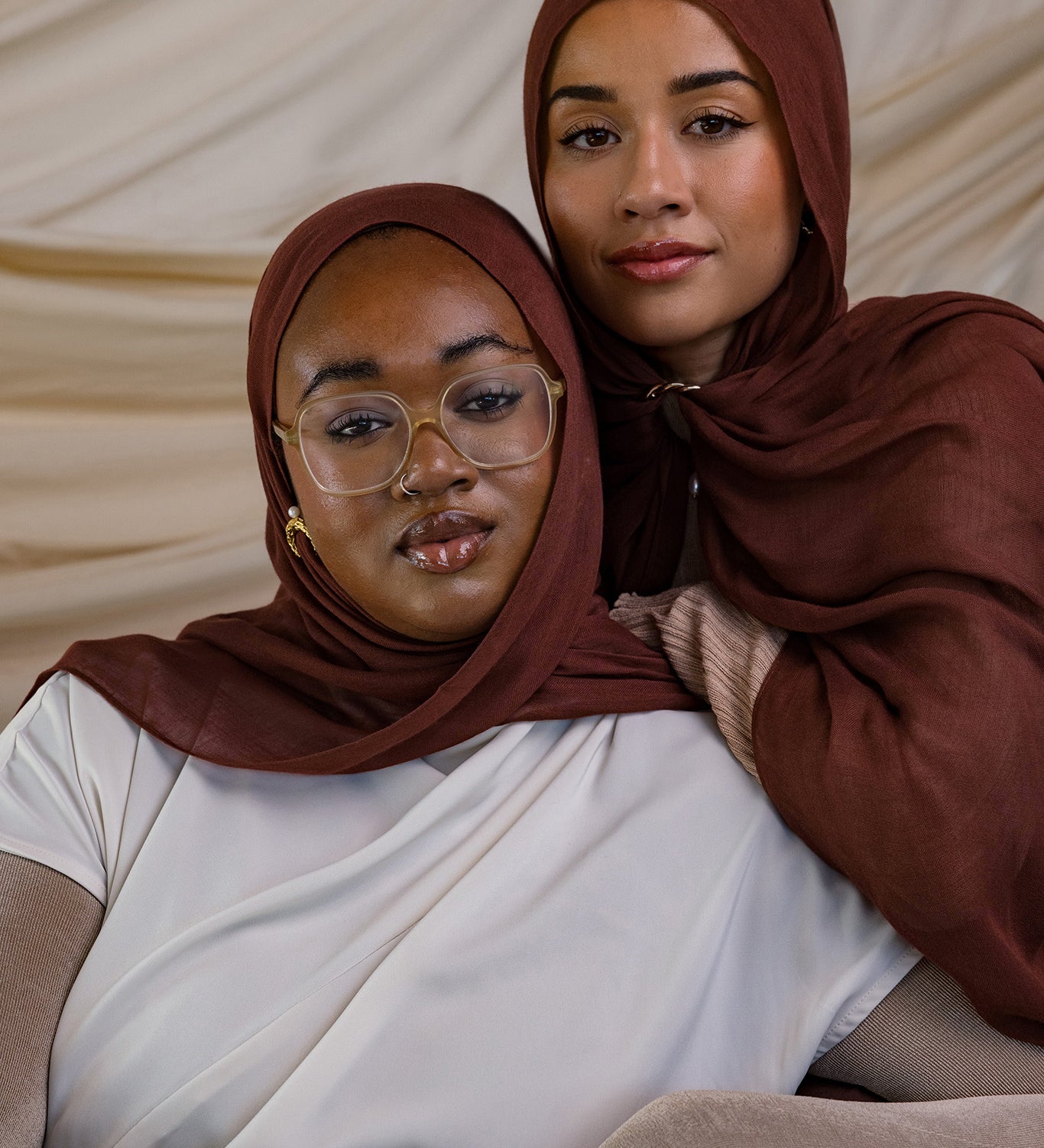 Two Models wearing breathable modal hijab inspired by natural spice tones and crafted in small batches.