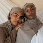 Two models wearing Truffle Mushroom hijab color.