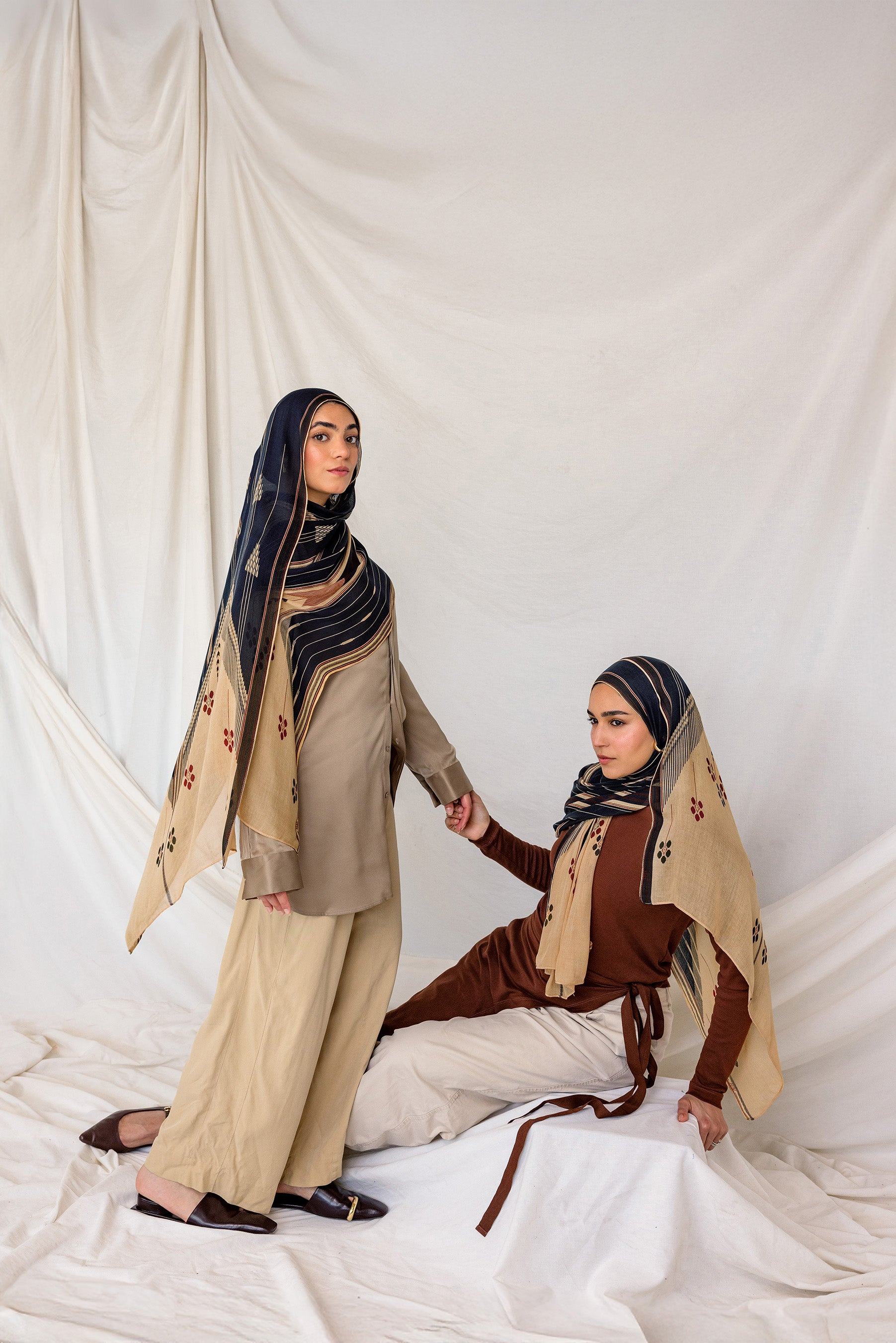 Printed hijab inspired by Syrian handwoven patterns and traditional textile art.