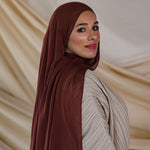Model wearing hand-dyed modal hijab with earthy inspiration and lightweight feel.