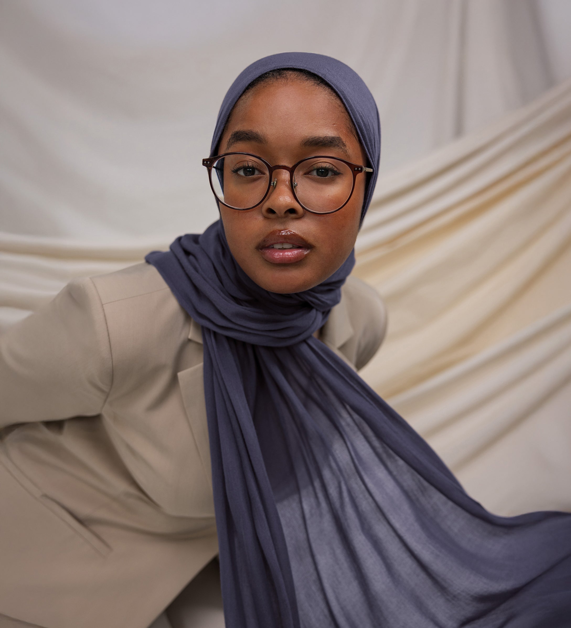 Model wearing soft modal hijab with a dreamy, lightweight drape and calming tone