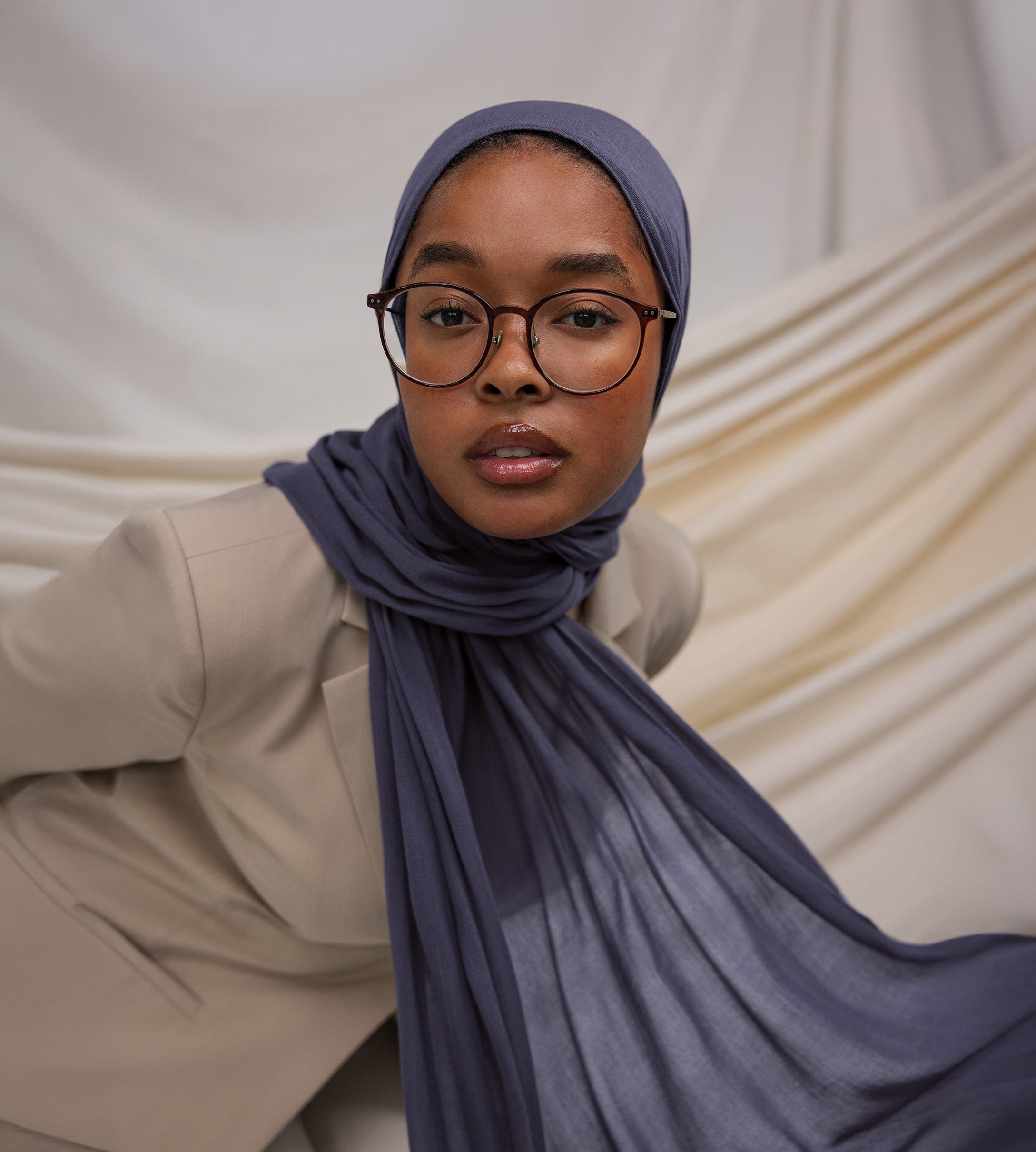 Model wearing soft modal hijab with a dreamy, lightweight drape and calming tone