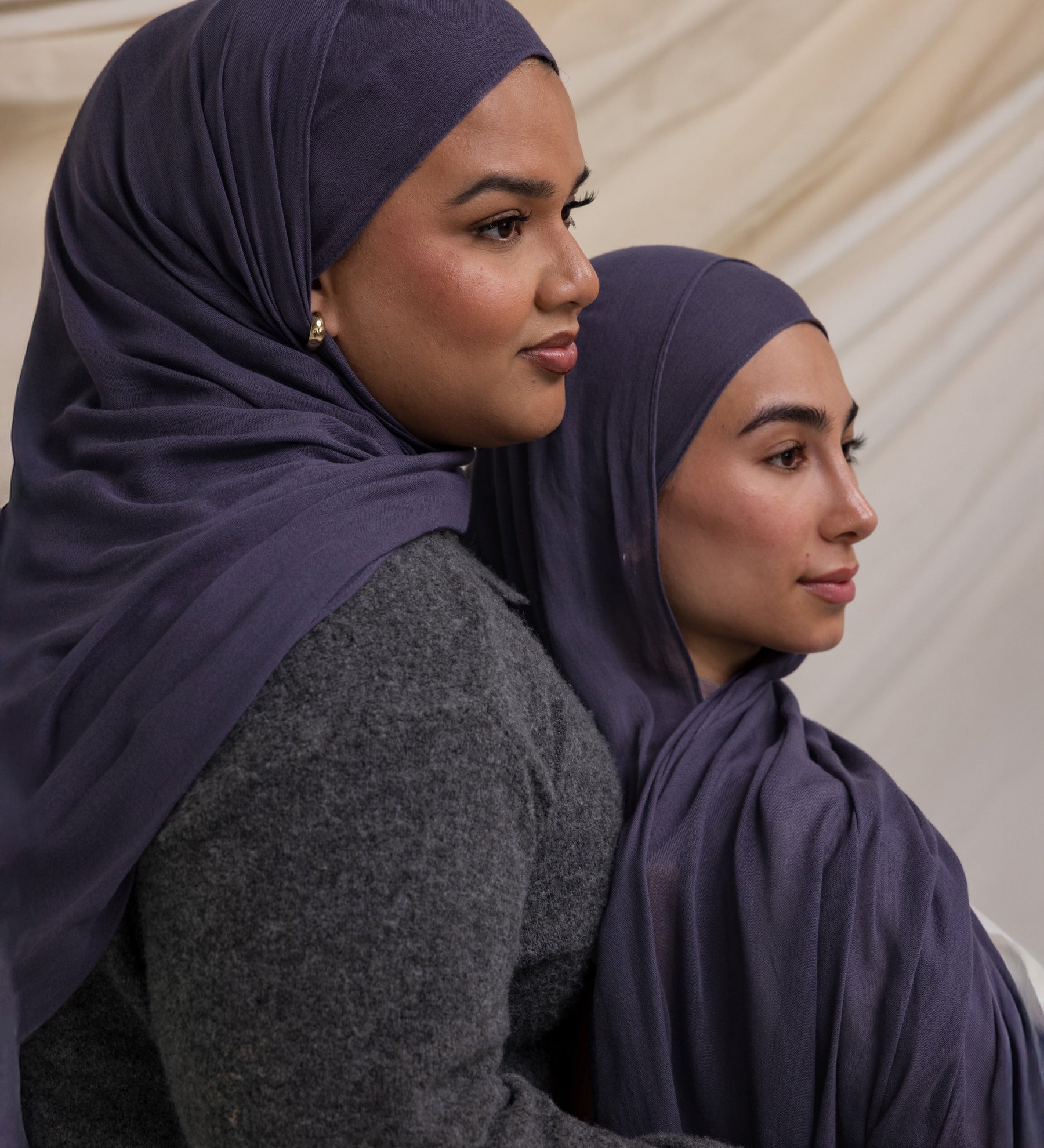 Two Models wearing lightweight hijab with a gentle finish, inspired by watercolor tones