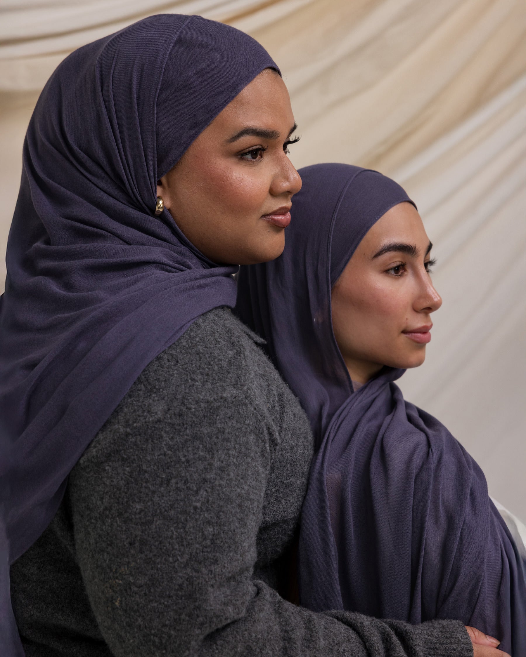 Two Models wearing lightweight hijab with a gentle finish, inspired by watercolor tones