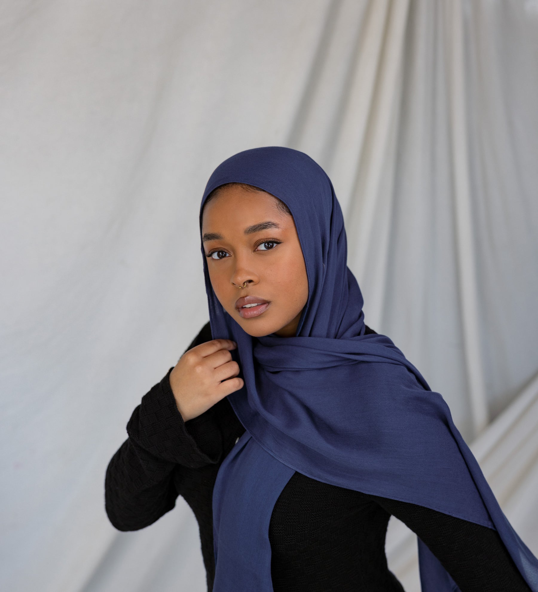 Luxurious modal hijab in Midnight Navy, crafted for a rich drape and classic sophistication