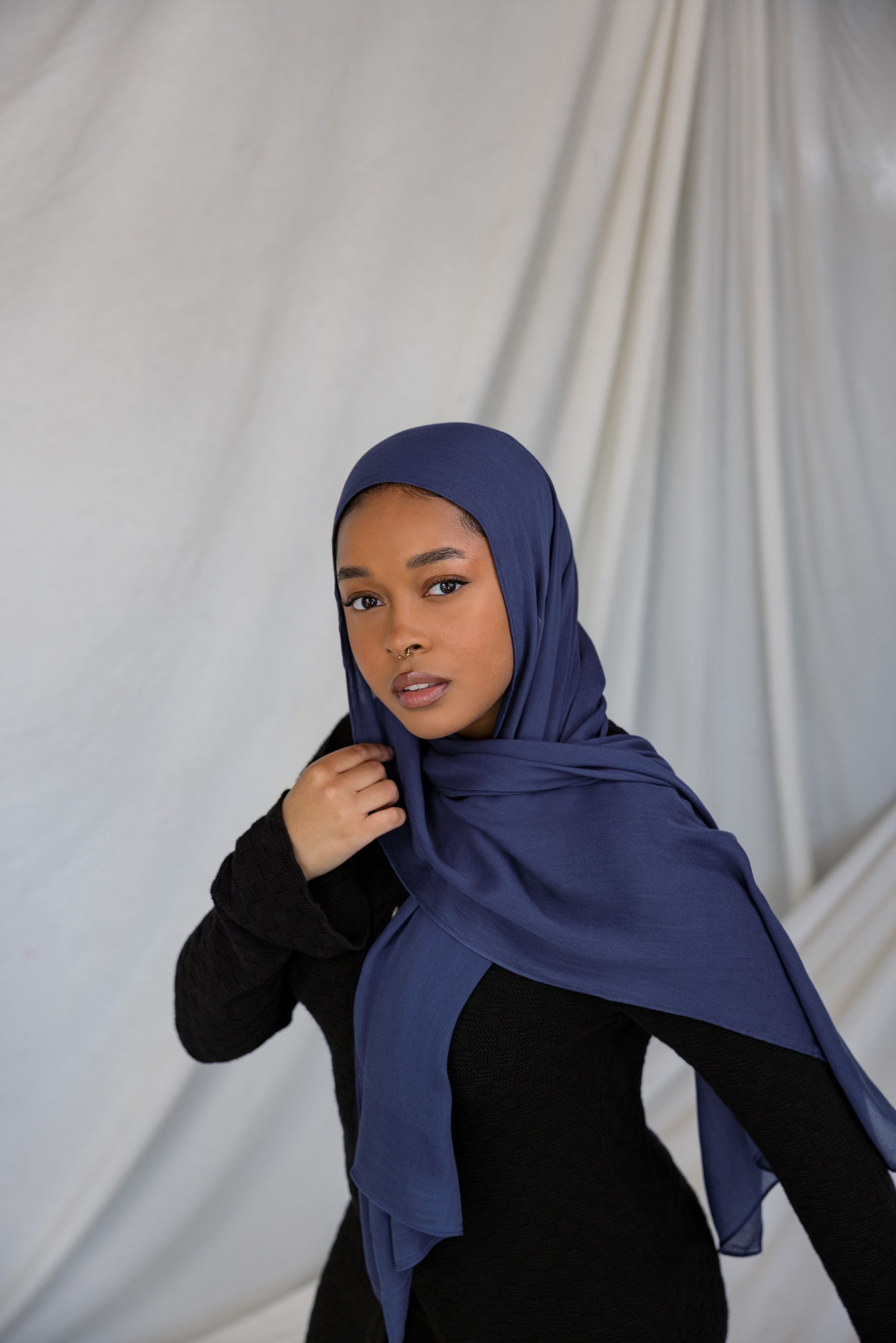 Luxurious modal hijab in Midnight Navy, crafted for a rich drape and classic sophistication