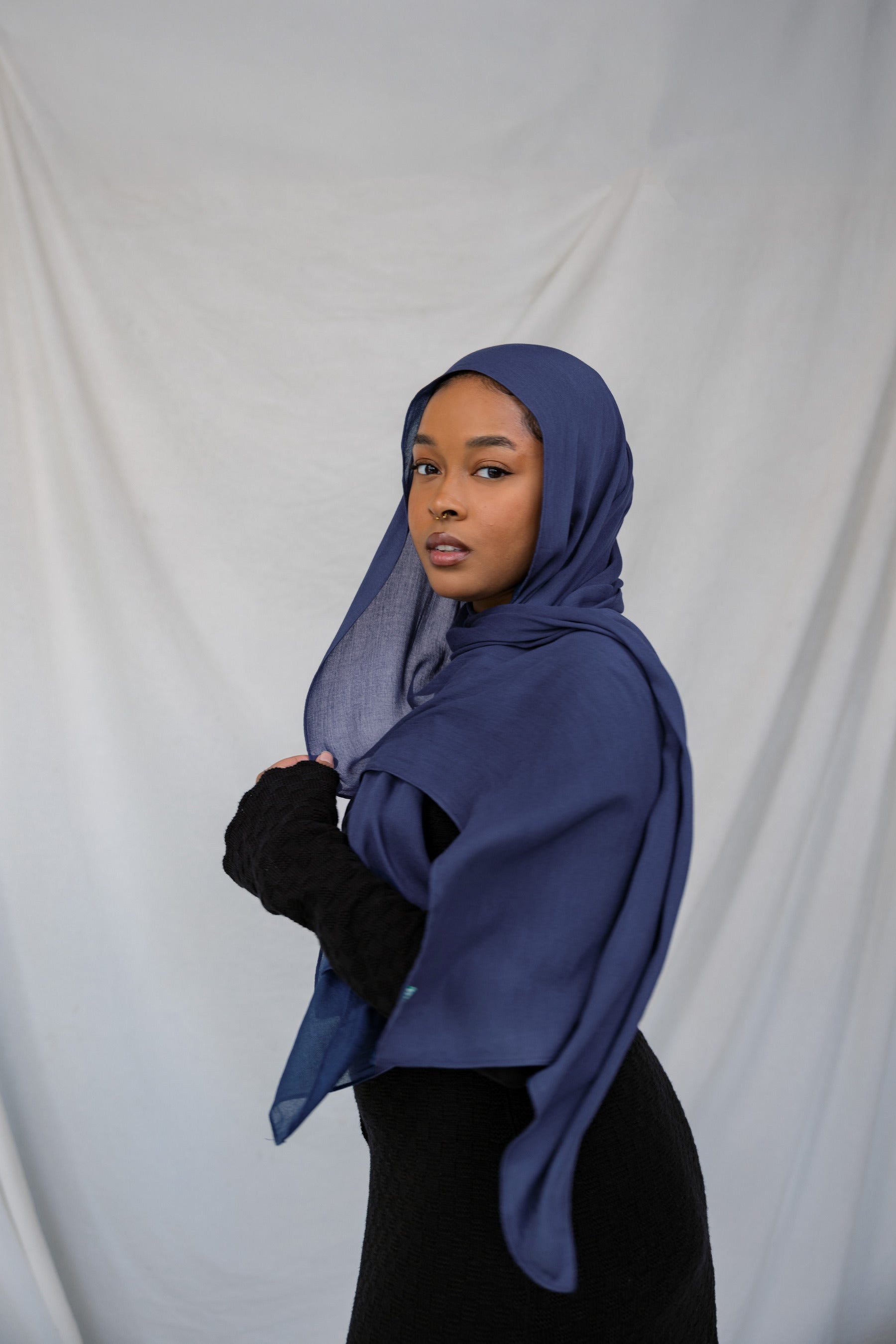Custom-dyed VELA hijab in Midnight Navy, blending cool-toned richness with breathable modal fabric