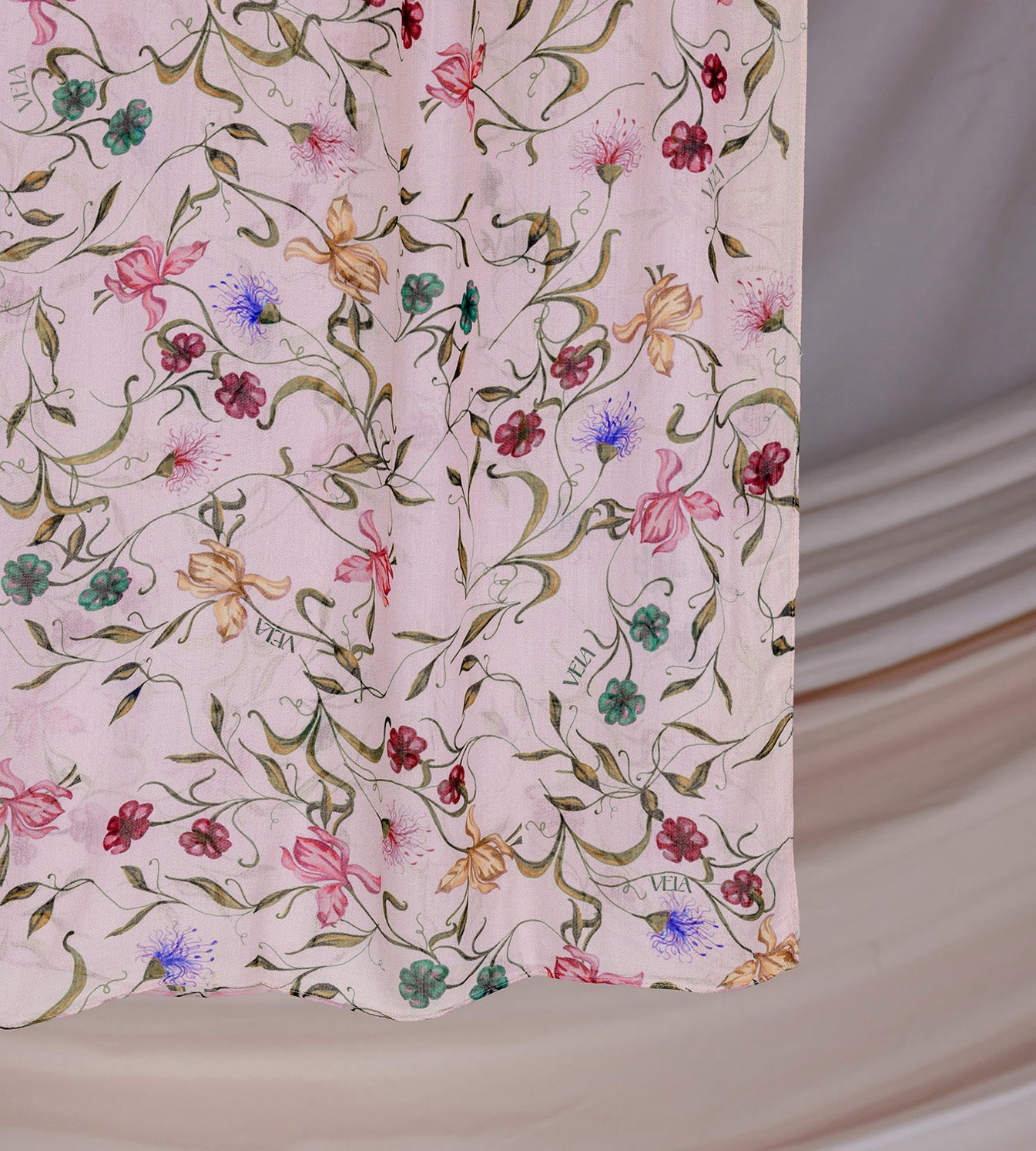 floral print hijab with a lightweight, comfortable feel.