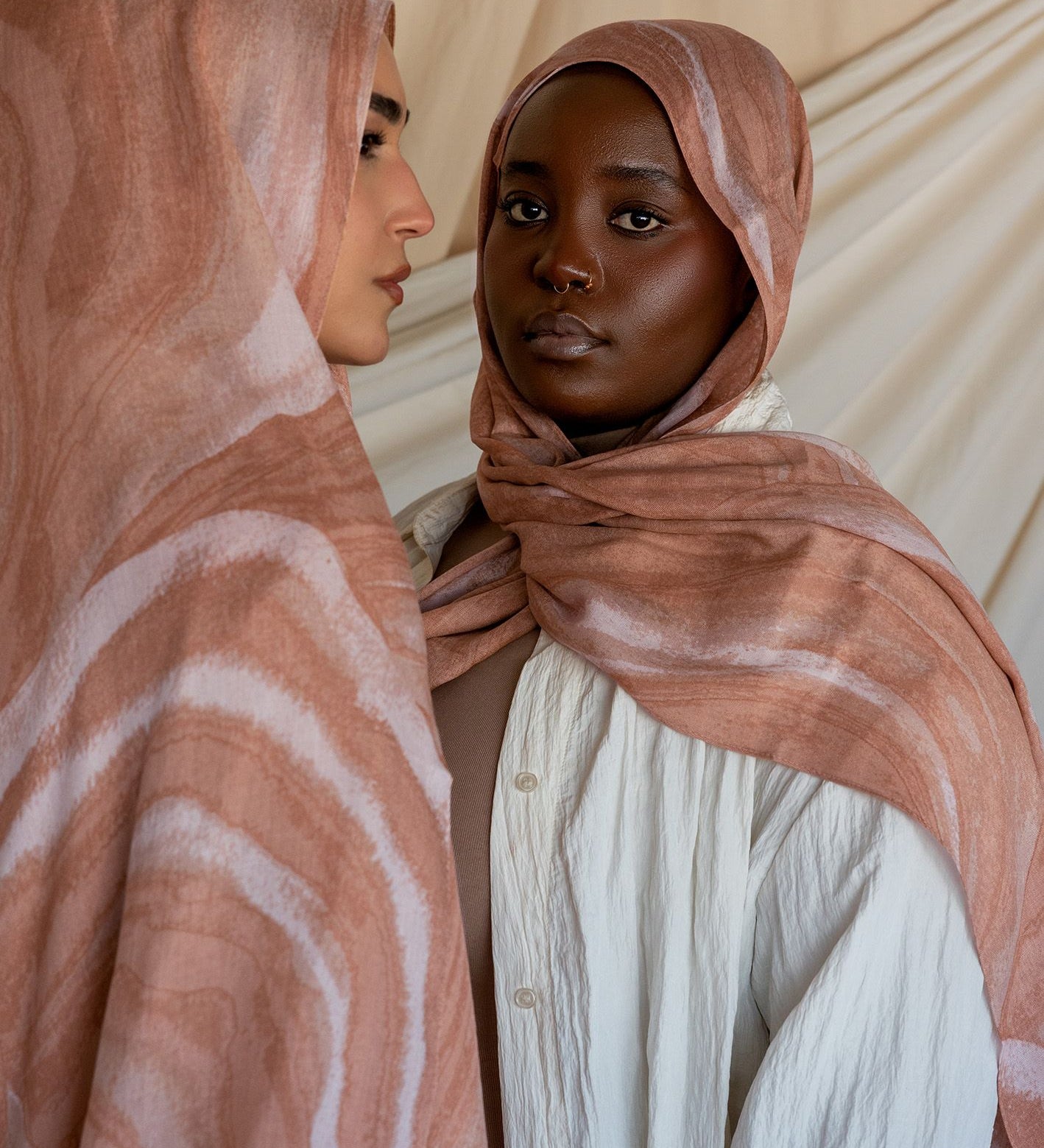Modal hijab featuring a classic sediment-inspired print with an earthy, grounded feel.