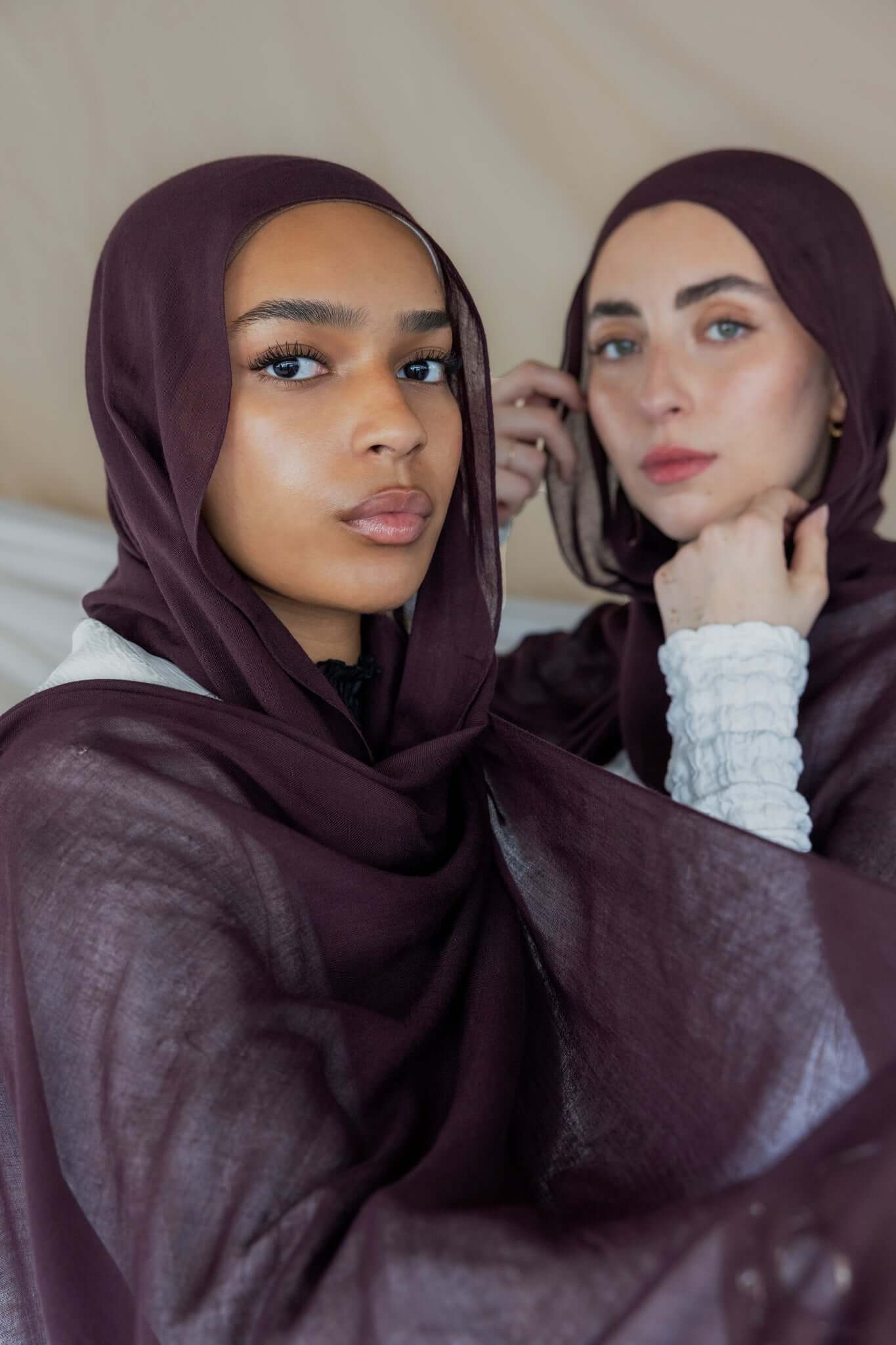 Two Models wearing breathable hijab with a bold, refined finish and elegant texture.