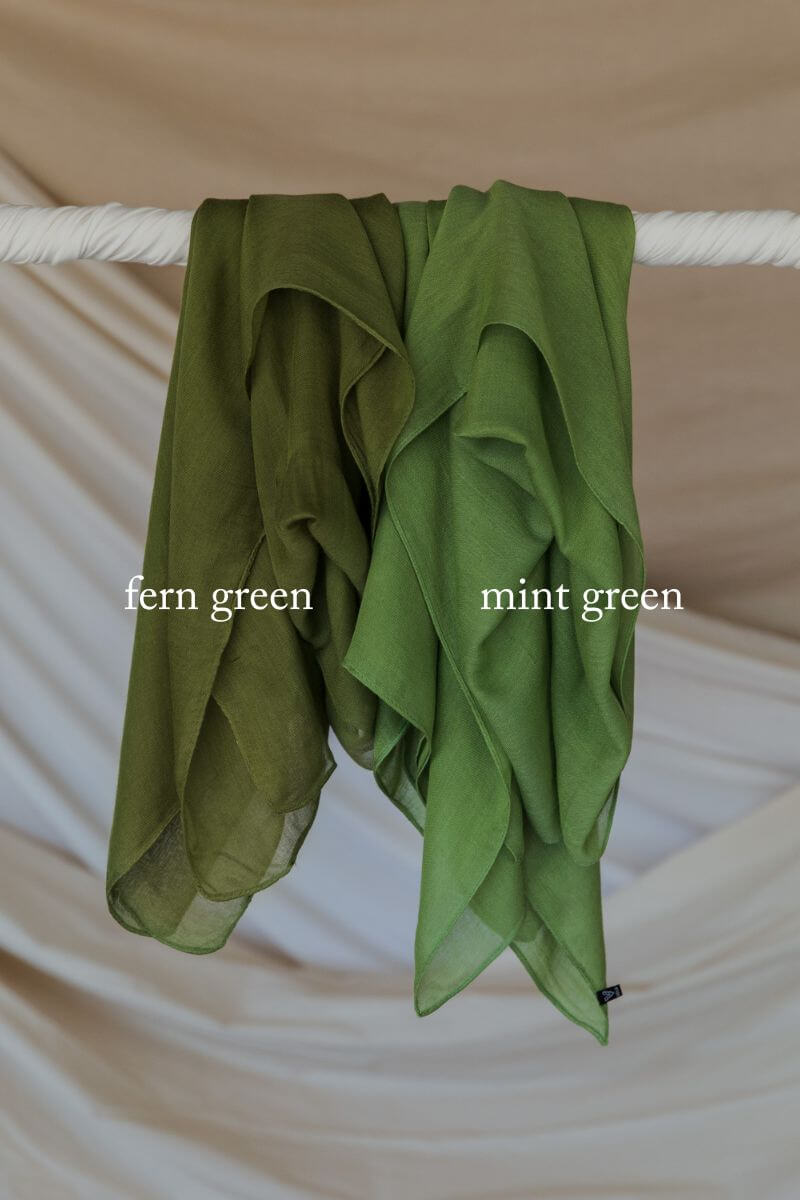 Fern Green hijab displayed next to Mint Green shade for direct color comparison in studio lighting.