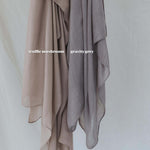 Color comparison of Truffle Mushroom hijab on left and Gravity Grey hijab on right.