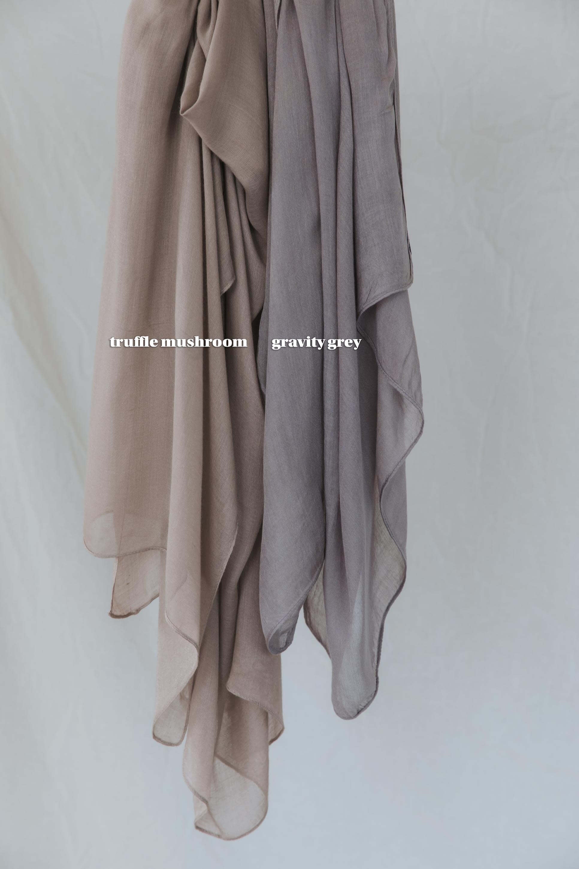Color comparison of Truffle Mushroom hijab on left and Gravity Grey hijab on right.