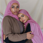 Two Models wearing woven bamboo hijab with a soft, airy drape and natural lightweight texture