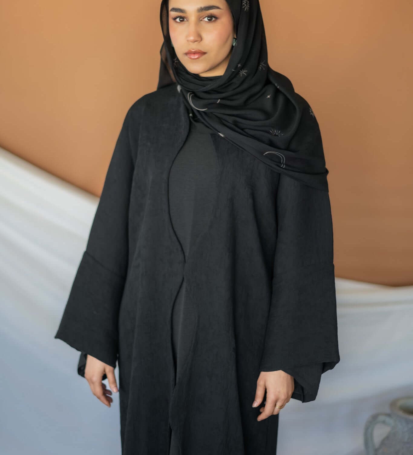 Celestial-themed hijab crafted from soft woven fabric with twinkling lunar details