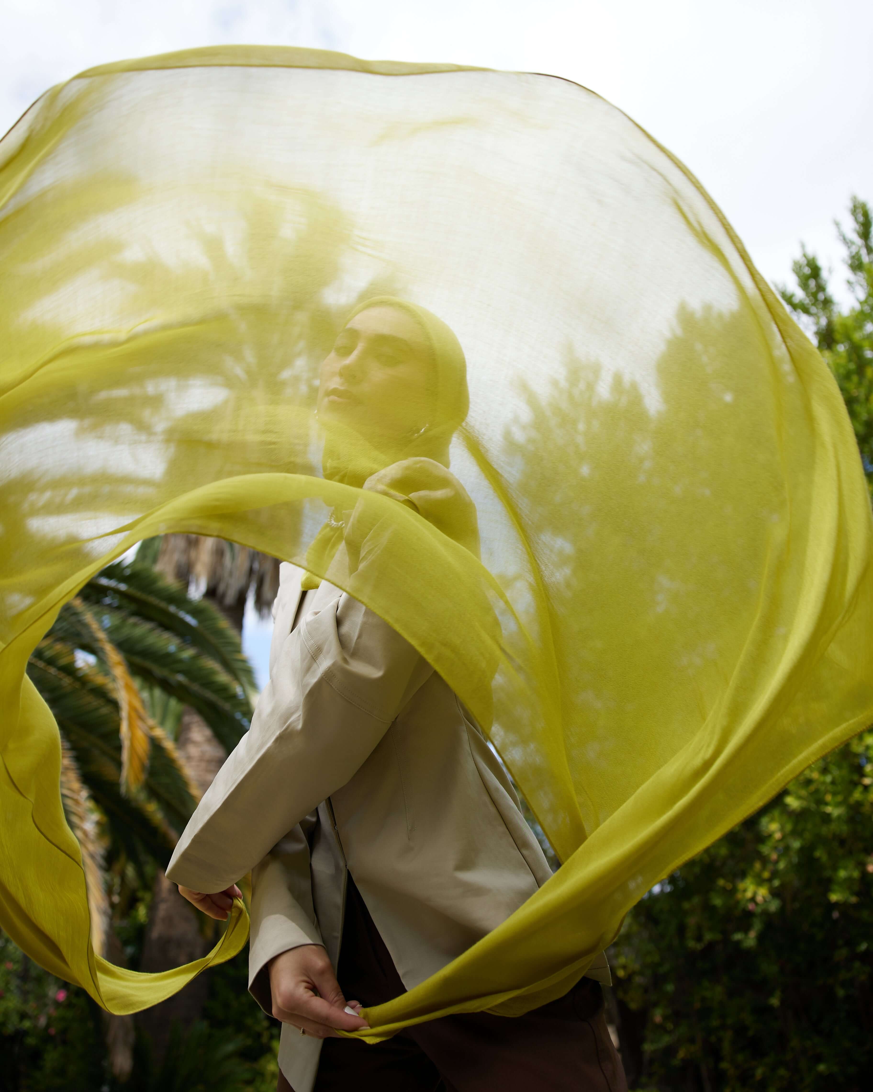 Model wearing full-coverage bamboo hijab designed to refresh and elevate everyday outfits.