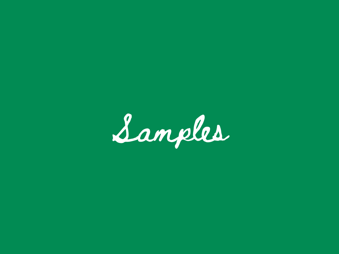 A solid green square background with the word 'Samples' centered in white cursive script.