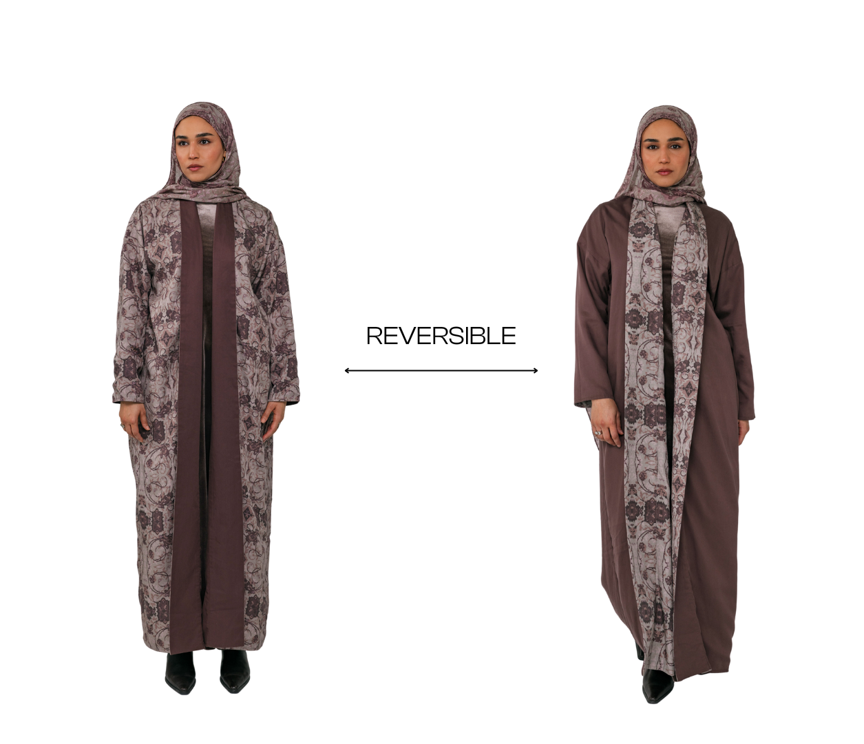 Reversible abaya with floral pattern on a white background
