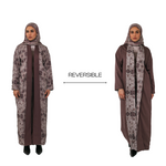 Reversible abaya with floral pattern on a white background