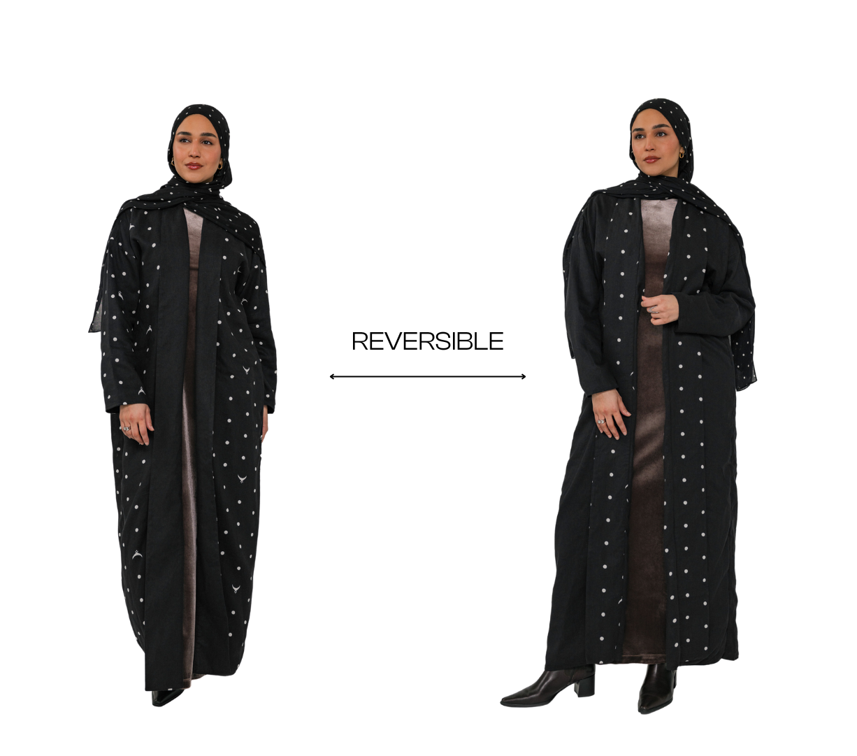 Two views of a reversible black abaya with star patterns on a white background.
