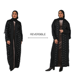 Two views of a reversible black abaya with star patterns on a white background.
