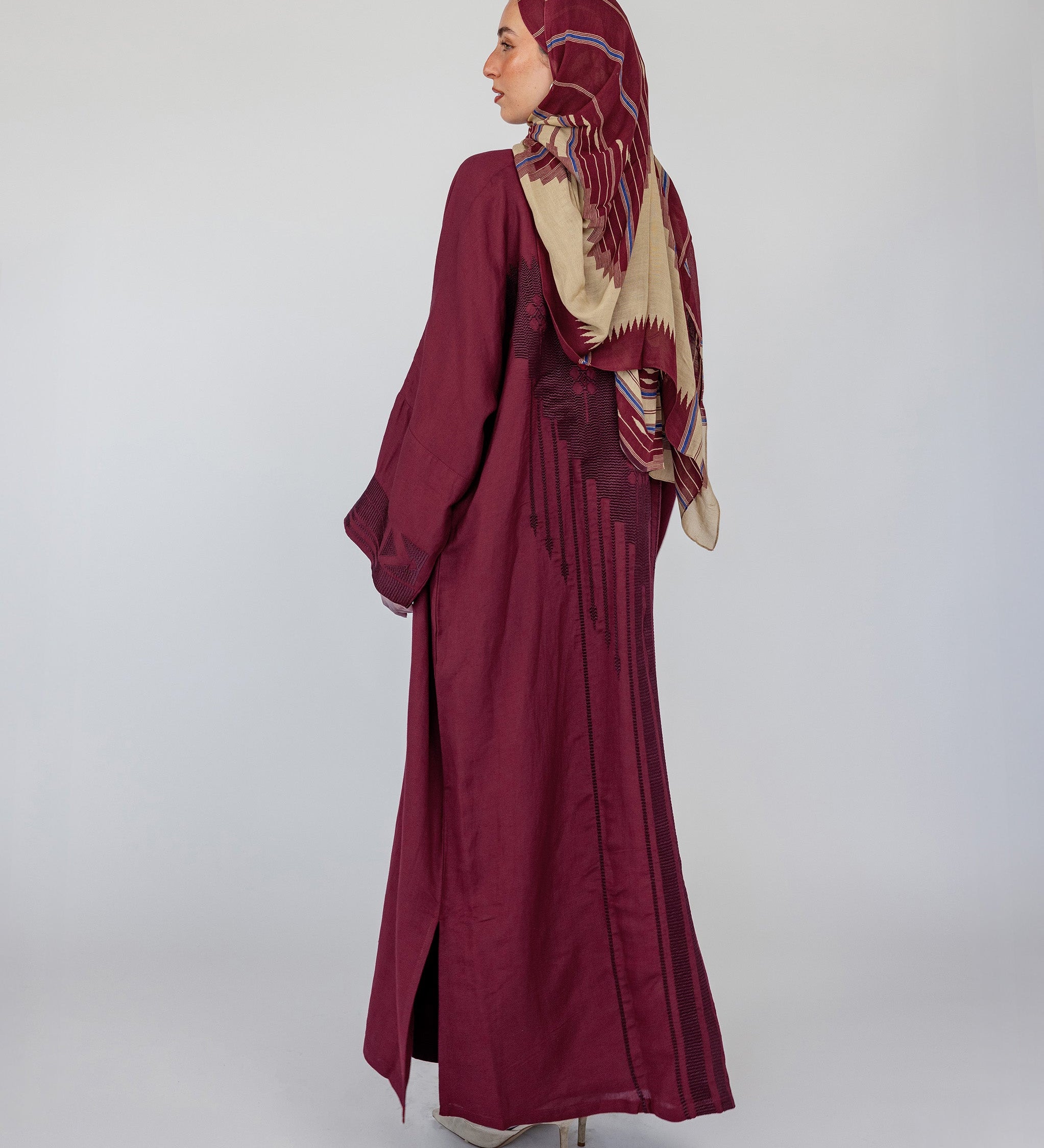 Lightweight embroidered abaya with modest coverage and cultural design influence