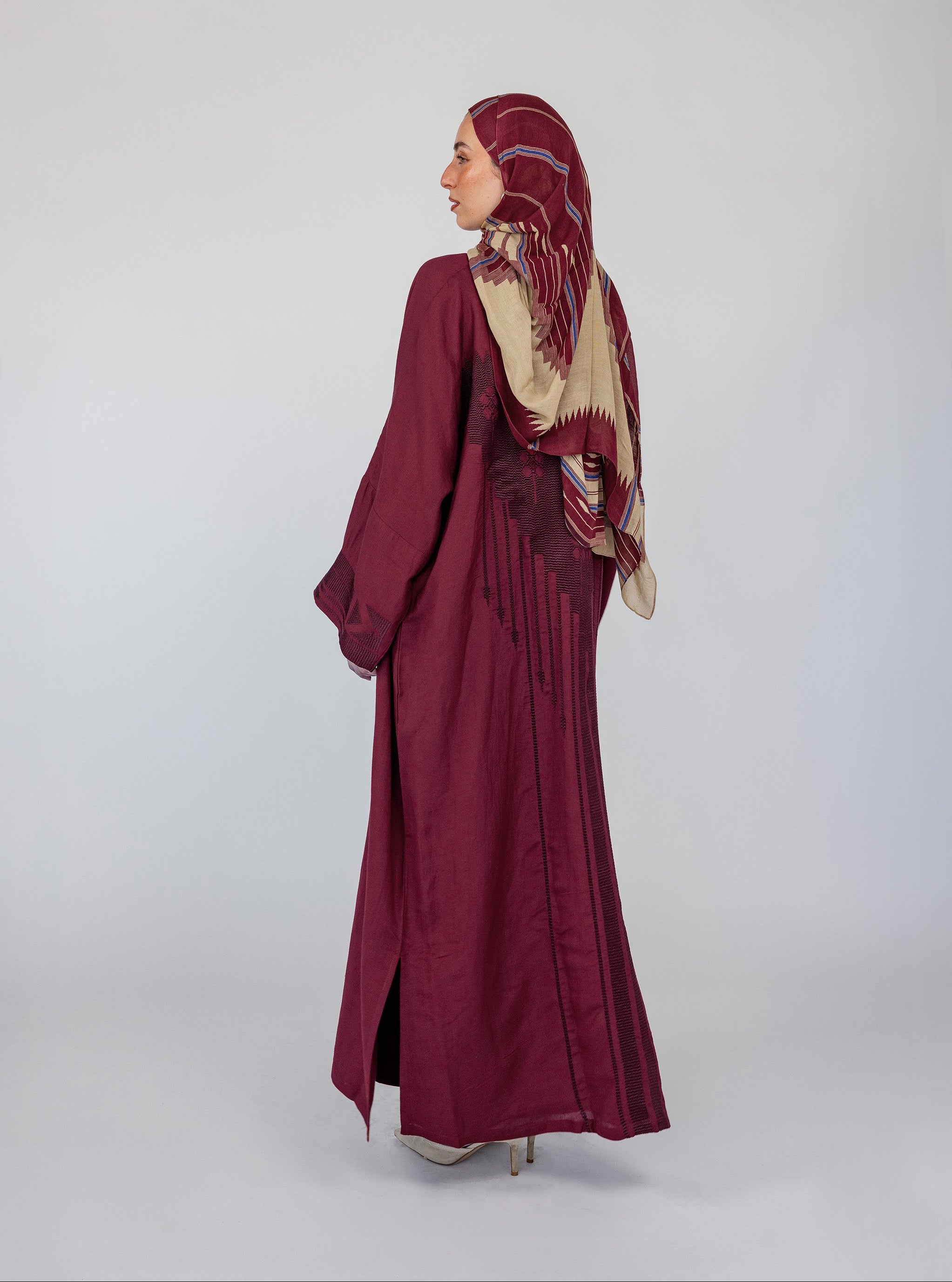 Lightweight embroidered abaya with modest coverage and cultural design influence