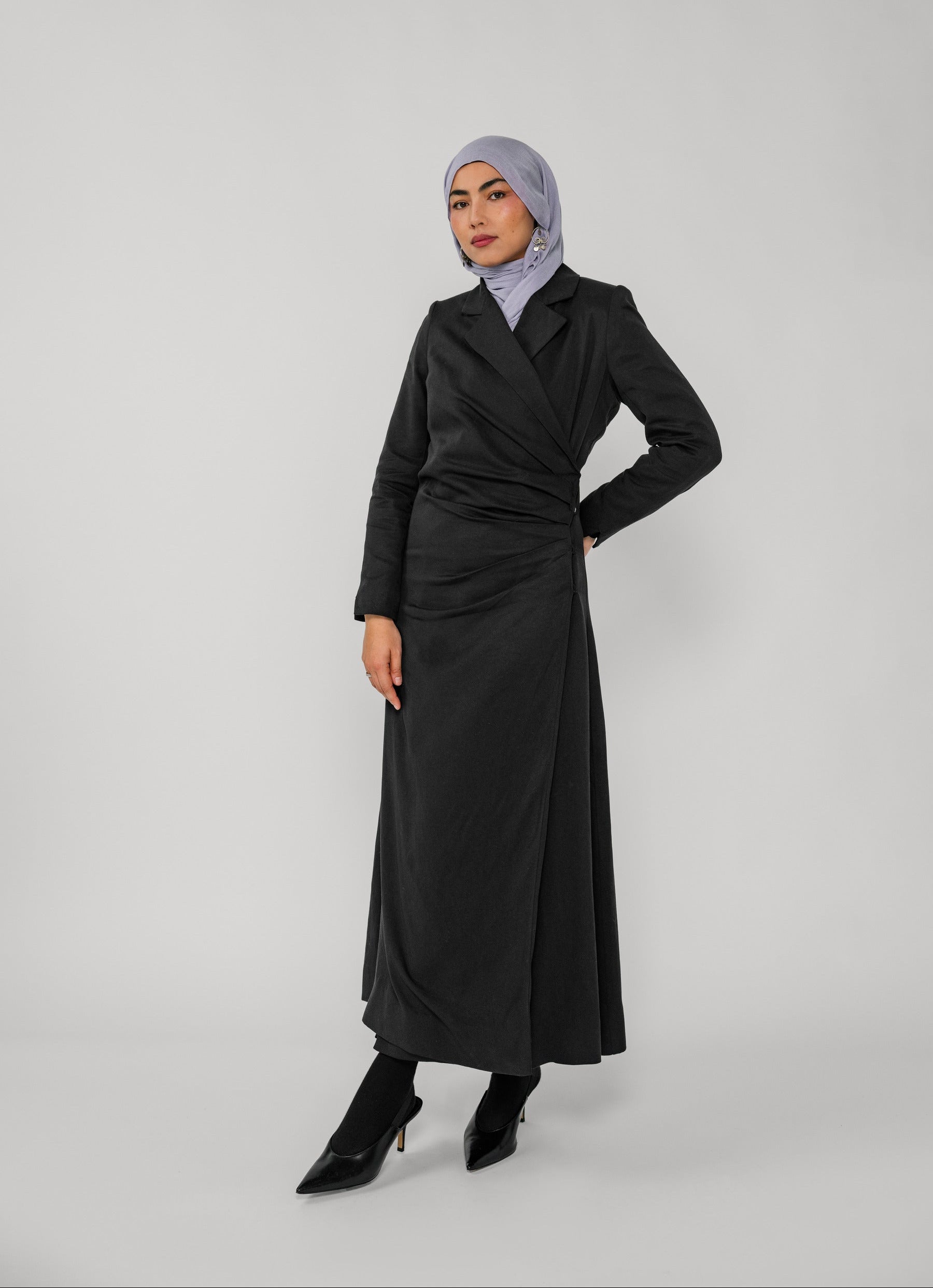 Ruched Trench Dress Black | Modest Full Closure Elegant Trench Coat Dress Vela Ruched Trench Dress Black | Modest Full Closure Elegant Trench Coat Dress Vela