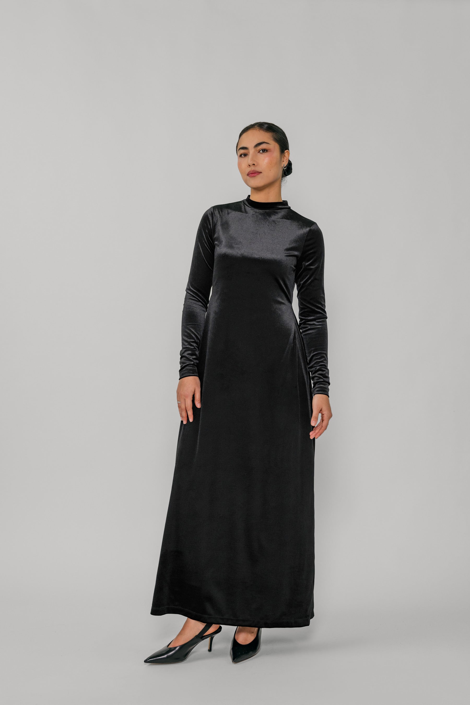 black velvet dress with long sleeves Luxury Black Velvet Fit & Flare Dress with Long Sleeves