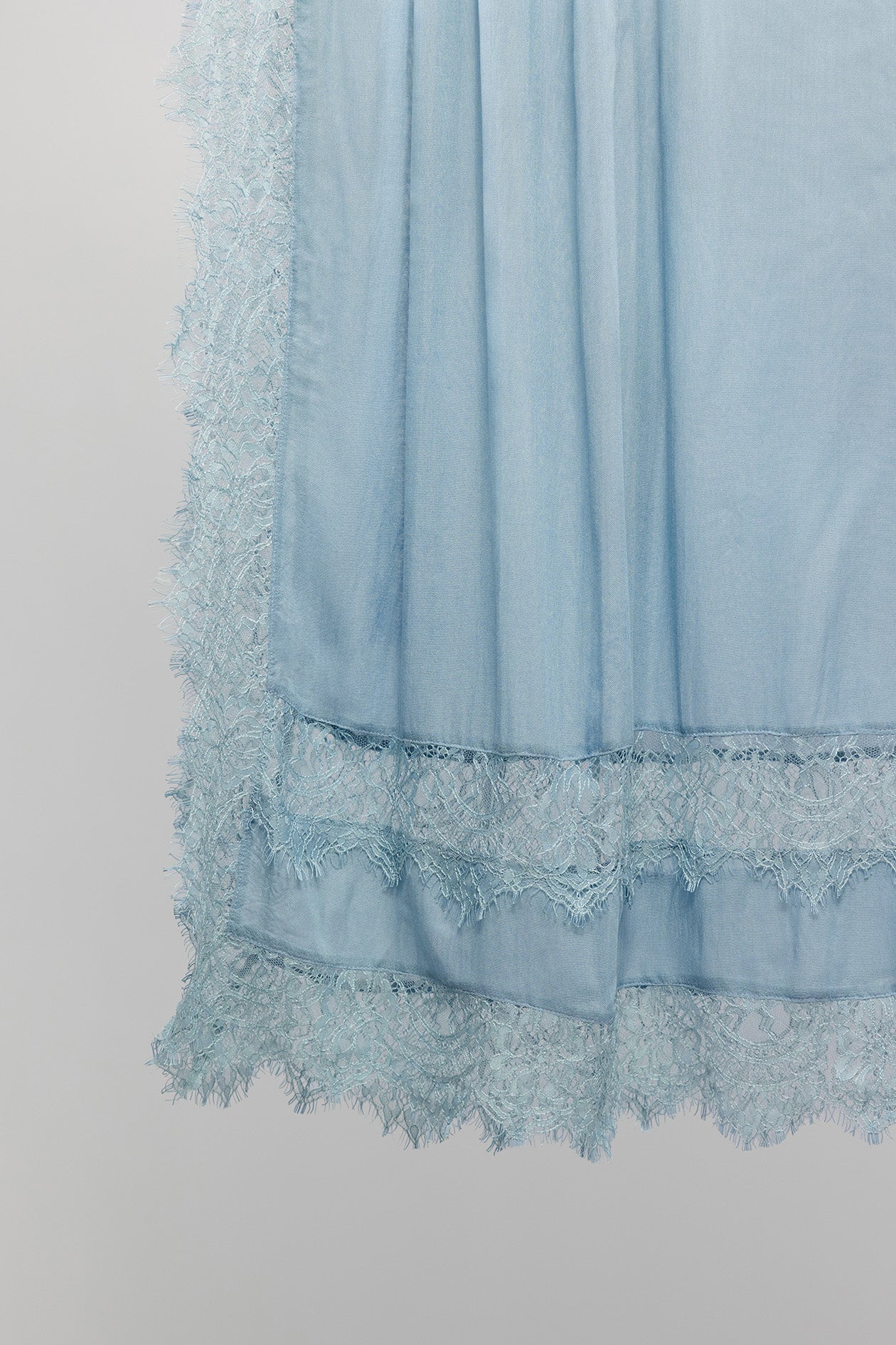 A close-up of a light blue sheer fabric with layered ruffles and delicate lace trim along the bottom edge, shown against a plain light gray background.