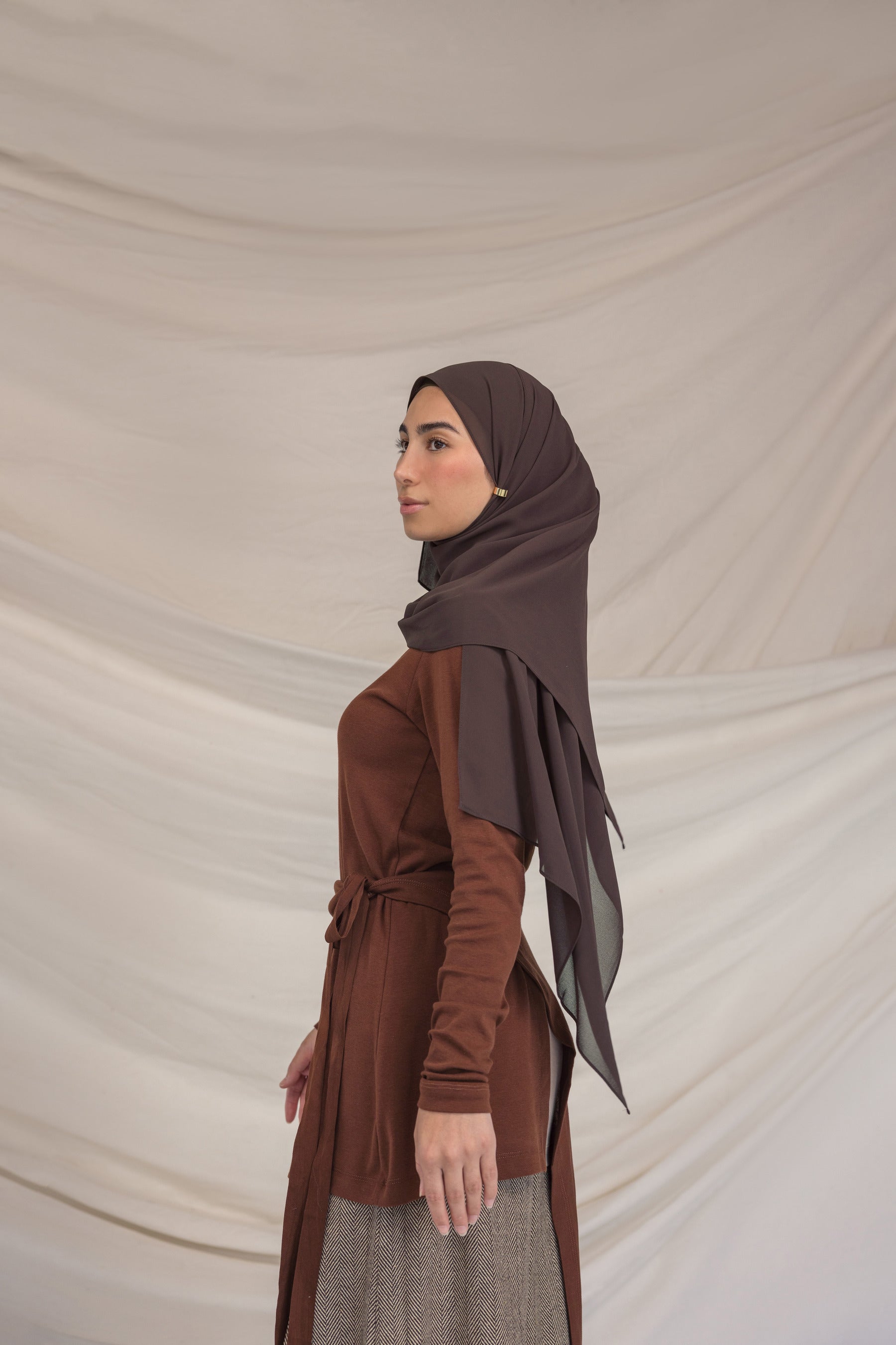Woman wearing a brown hijab and dress against a beige background