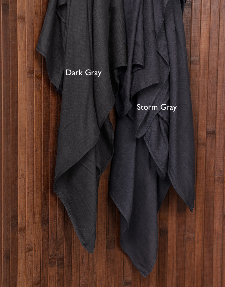 2 hijabs with text saying "dark gray" and "storm gray"