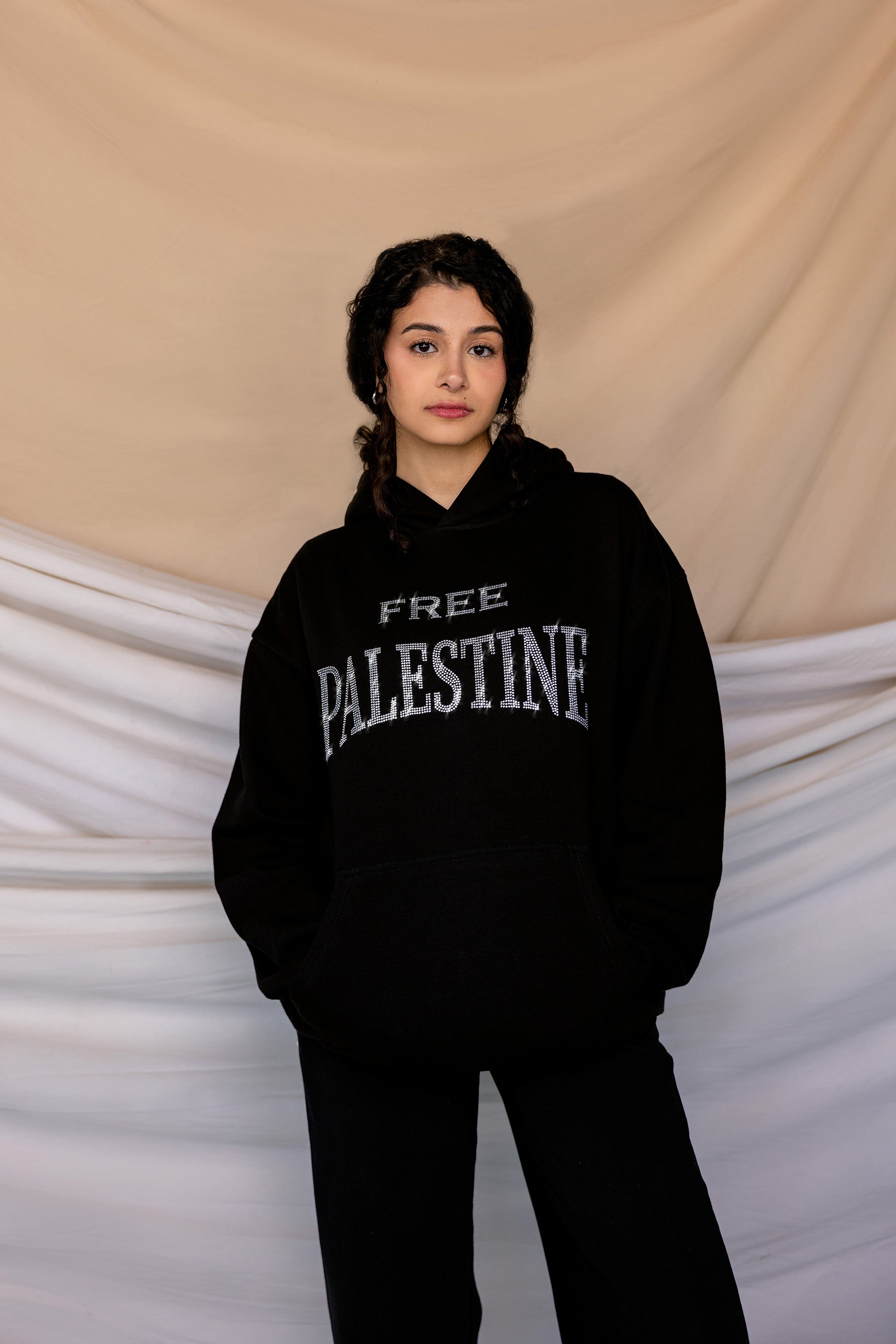 free Palestine black rhinestone hoodie