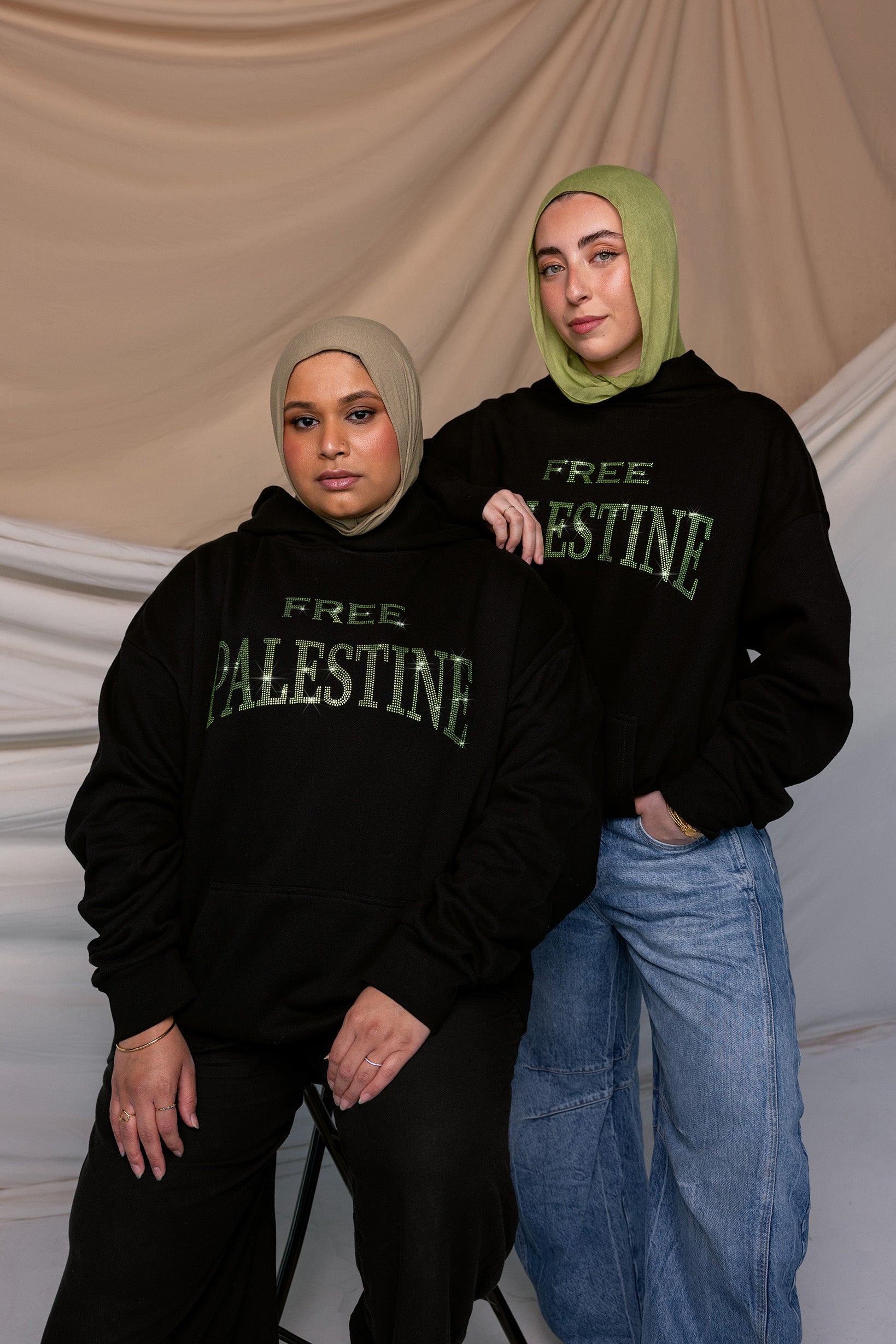 free Palestine green rhinestone hoodie