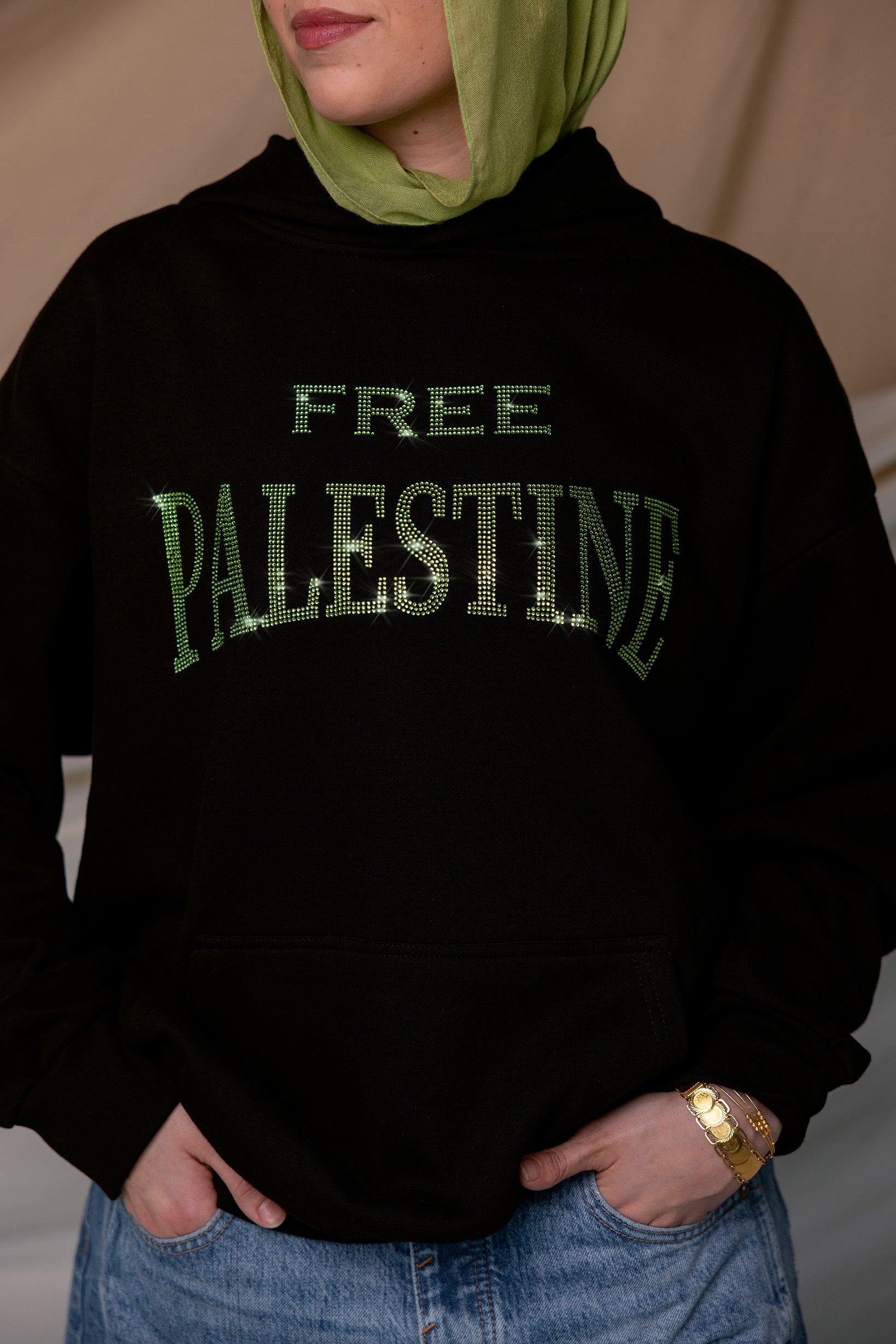 free Palestine green rhinestone hoodie