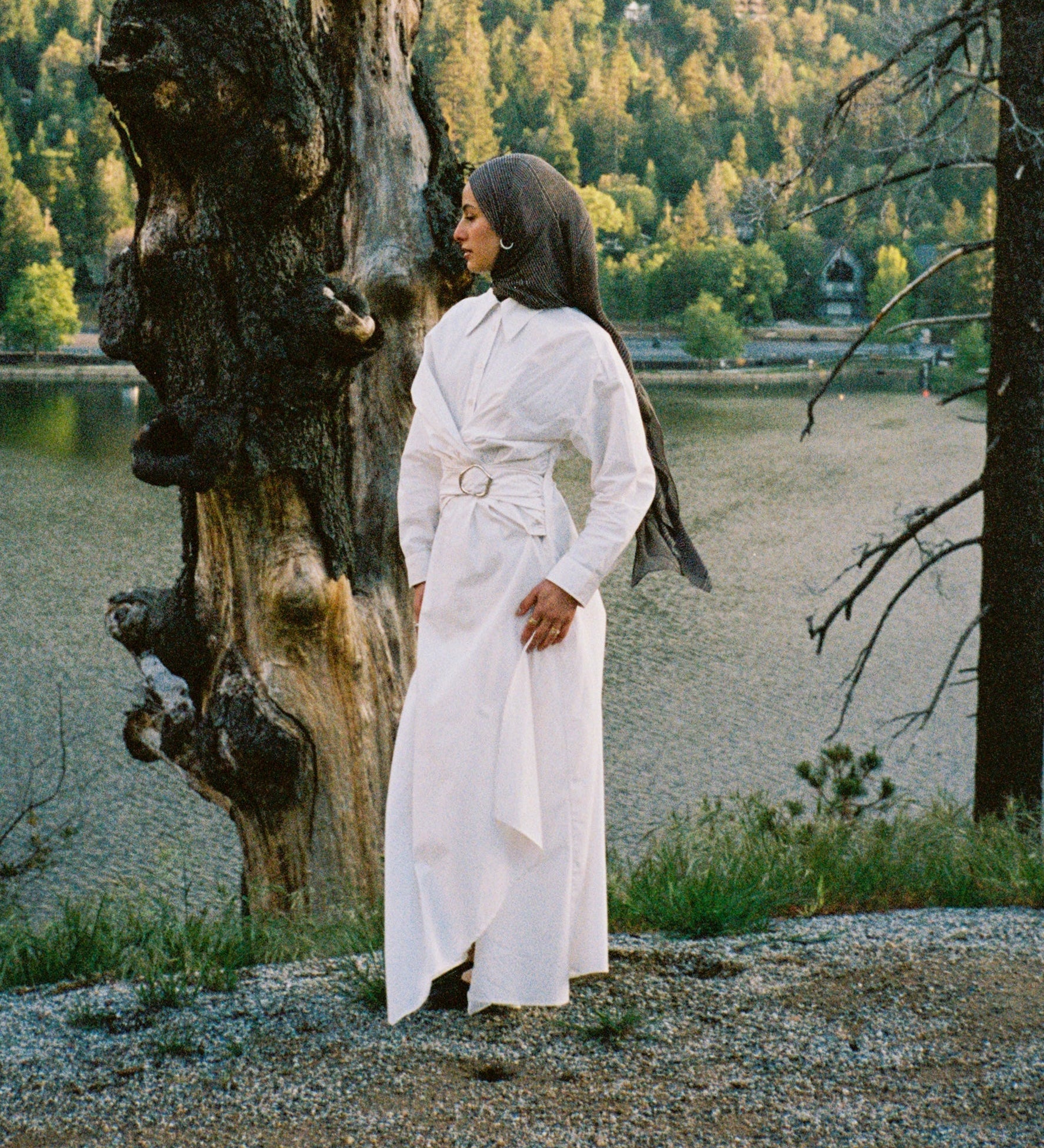 Woman in a white dress standing next to a large tree by a lake with a forest in the background