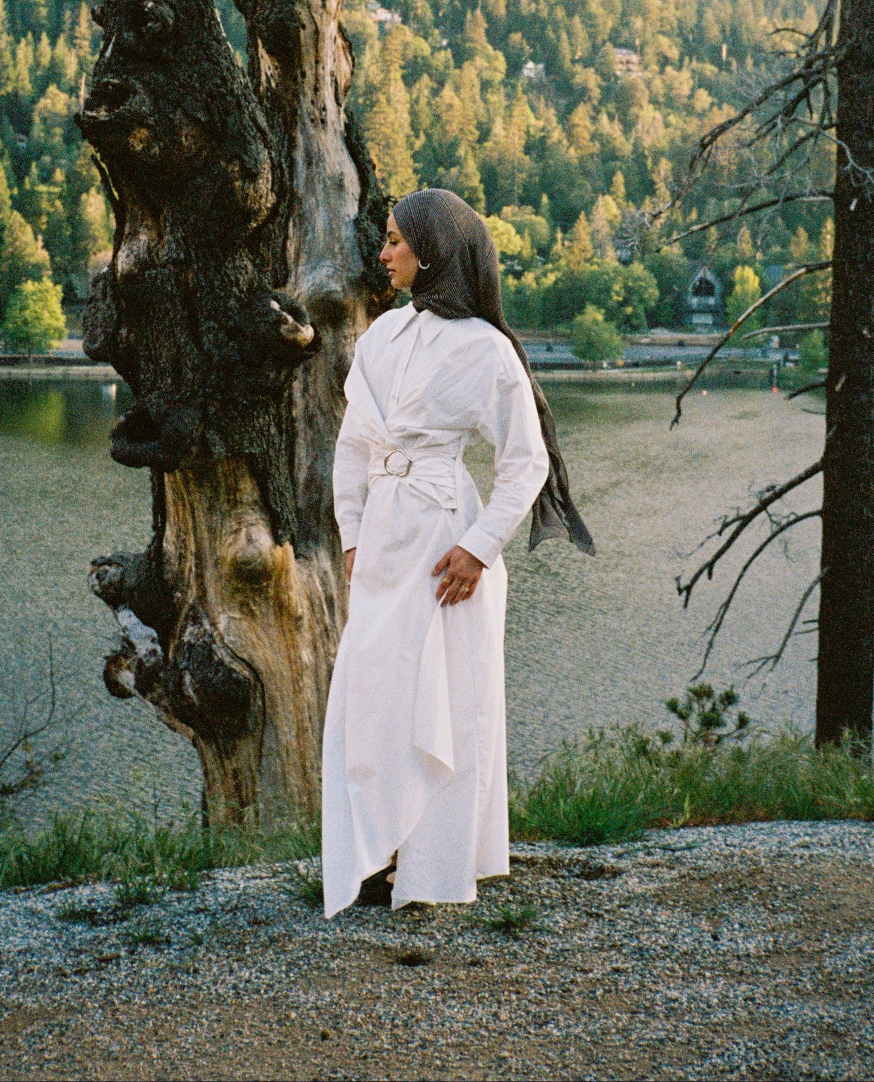 Woman in a white dress standing next to a large tree by a lake with a forest in the background